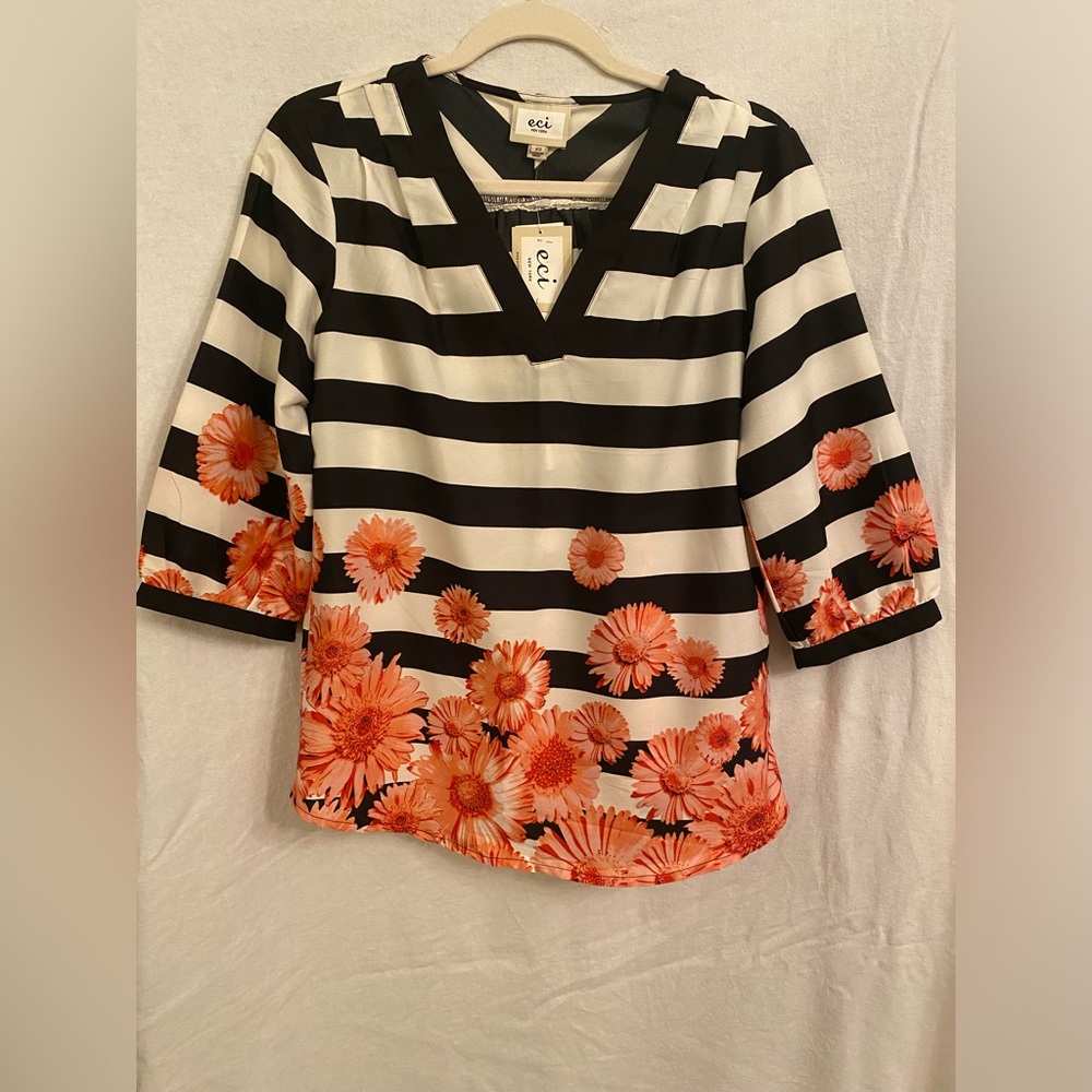 Eci Black and White Striped Blouse with Pink Flowers